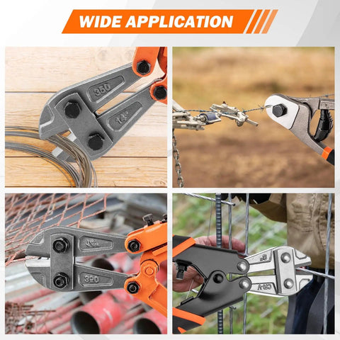 Close-up of 3 Piece Bolt Cutter Pliers Set With 14 Inch Heavy Duty Bolt Cutter, 8 Inch Mini Cutter and 8 Inch Wire Rope Cutter cutting wire.