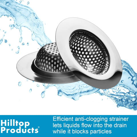 2 Pack Stainless Steel Bathtub Drain Strainer Cover features 2.75 inch wide top with water splash effect, showcasing durable design.