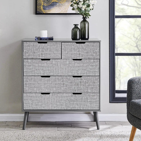 Textured Fabric Wallpaper Gray Faux Grasscloth Peel And Stick Waterproof Self Adhesive Roll on dresser surface.