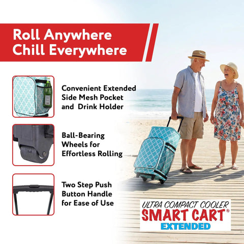 Ultra Compact Smart Cart Cooler With Extended Insulation Collapsible Rolling Tailgate Tote and people on beach boardwalk.