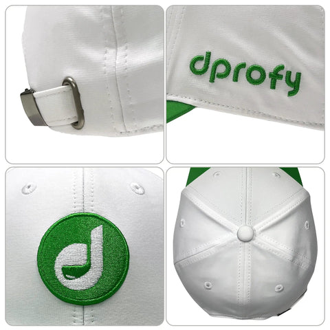 Adjustable Golf Hat for Men and Women, Performance Polyester Cap with green logo and buckle, White Golf Accessories Gift Idea