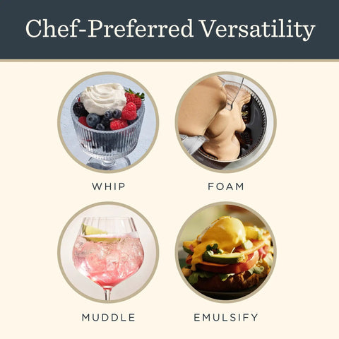 Visual of 48 Ounce Aer Disc Blender Container versatility showing whip, foam, muddle, and emulsify options for culinary creations.