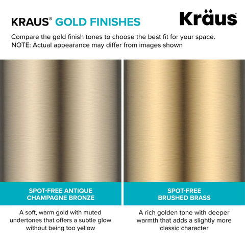 Kraus gold finish comparison between spot-free antique champagne bronze and spot-free brushed brass on metal surface.