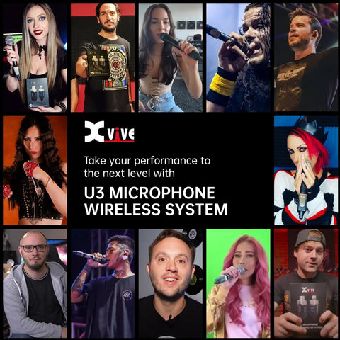 Collage of performers using U3 microphone wireless system with 2.4GHz Wireless Microphone System With XLR Transmitter And Receiver