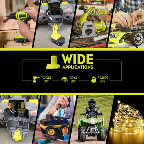 Power Wheels Adapter For Ryobi 18V One Plus Batteries used in DIY tools, RC toys, e-bikes, and crafts.
