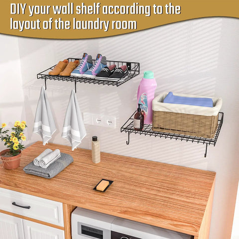 4 Pack Heavy Duty Garage Wall Shelves With 8 Hooks, Wall Mounted Floating Shelves in a laundry room with towels and baskets