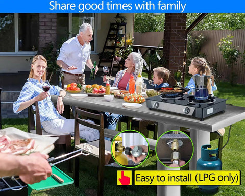 Family cooking outdoors with Propane Stove 2 Burner Gas Cooktop With Auto Ignition 26000 BTU Tempered Glass Outdoor Cooker LPG Setup on table
