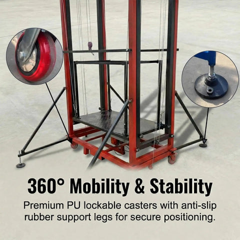 Heavy Hitter Electric Scaffolding Lift With Smooth Remote Control And Pro Level Foldable Mobile Work Platform Built Like A Beast On Steel Frame with 360 lockable casters.