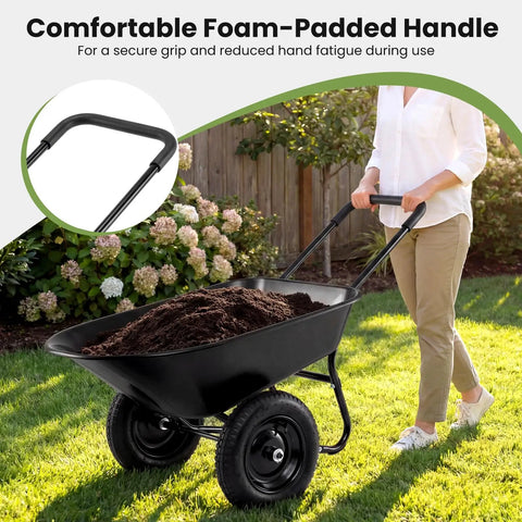 Woman using dual wheel wheelbarrow with 14 inch pneumatic tires 330 lb capacity, foam handle, moving soil in garden