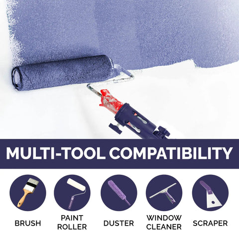 Multi Angle Paint Brush Extender Pole Kit With Rotating Head And Secure Grip For Reaching Ceilings High Walls And Corner Edges Fits Brushes Rollers And Scrapers Blue with multi-tool compatibility chart