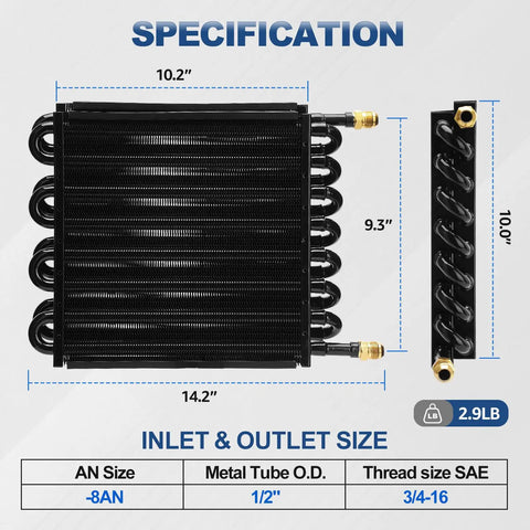Front and side view of Sixteen Pass One Half Inch Transmission Cooler With Eight AN Tube Fin Aftercooler in black with dimensions.