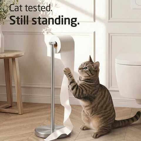Cat beside sturdy floor standing toilet paper holder built like a tank in SUS 304 stainless steel rustproof with a 2x heavier base.