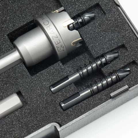 EZARC carbide hole saw kit, 3-piece set with pilot drill, in foam-lined case.