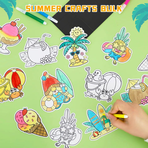 Summer Craft Fridge Magnet Kit For DIY Colorful Beach Fruit Ice Cream Magnets With 32 Cards 32 Magnets And 24 Paint Pens Kid Friendly