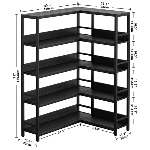 FiveTier Industrial Corner Bookshelf With HeavyDuty Metal Frame L Shaped Storage Rack For Cramped Corners detailed dimensions and black finish
