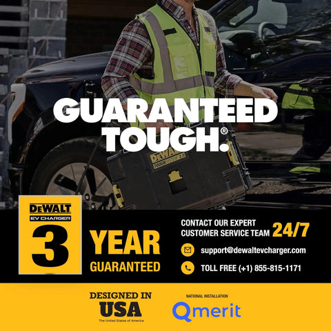 Person holding DEWALT EV Charger case with 'Guaranteed Tough' and 3-Year Guarantee text, contact info displayed, design in USA.