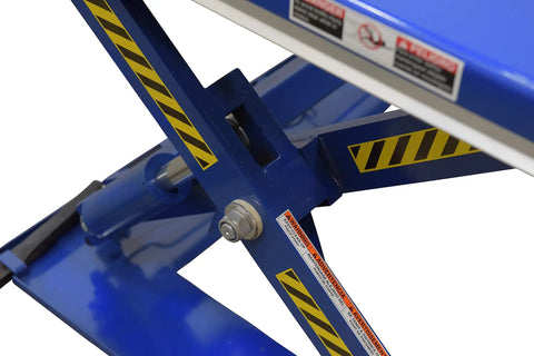 Close-up of Heavy Duty Electric U Shaped Pallet Lift Table's blue powder coated steel frame and mechanism.