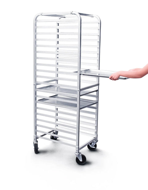 No Sweat Commercial Aluminum Sheet Pan Rack, Heavy Duty 20 Tier Bun Pan Organizer with glide ease end load slides, three-inch shelf spacing.