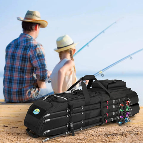 Rugged Fishing Backpack That Holds Eight Rods And Reels Tackle Box Ready Gear Bag with compartments and Molle system on wooden pier