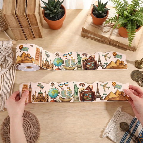 Hands holding Dope Vintage World Map Travel Bulletin Board Border 68.9 Ft Long 2.99 In High Back To School Decor, travel icons displayed.