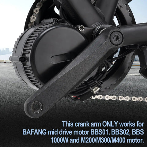 Close-up of Aluminum Alloy Crank Arm Set 170mm 2 Pack For Bafang BBS Mid Drive Motors mounted on bike frame
