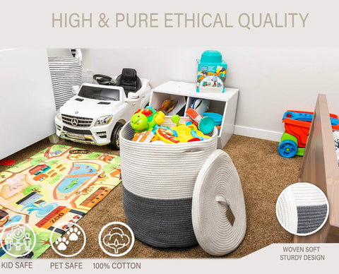 Large Laundry Basket With Lid Tall Woven Cotton Hamper For Blankets Clothes Toys Pillows Towels And Baby Nursery Essentials in playroom