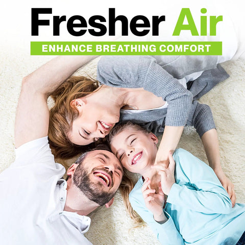 Family smiling on the carpet under text 'Fresher Air Enhance Breathing Comfort' related to Six Pack Premium Humidifier Filter Replacement Set For Honeywell HAC 504 HAC 504AW And Filter A Compatible With HCM 350 Cool Mist Humidifiers Keeps Air Fresh Moist And Easy To Maintain.