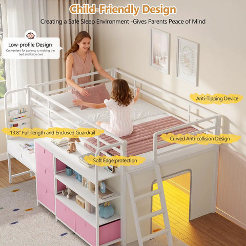 Low Loft Bed With Desk And Six Storage Drawers For Kids Space Saving Twin Loft Bed With Bookshelf LED Lights Under Bed Play Space Guardrail 13.8 Inches Inclined Ladder And Play Curtain Pink And White shown from side view.