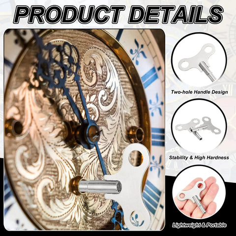 Close-up of Two Pack Wrench Clock Keys for Winding Clocks, 3.8mm Hole, 52mm Long Steel Clock Keys in use on vintage clock face