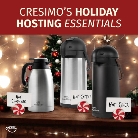 Thermal Coffee Carafe 68 Ounce 2 Liter Insulated Stainless Steel Beverage Dispenser in holiday setting with holiday drinks