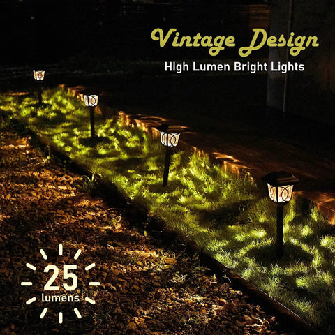 Ultra Bright 25 Lumen Solar Pathway Lights 6 Pack SMD LED Outdoor Waterproof IP65 lighting up garden path at night