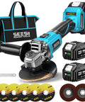 Cordless 4-1/2 Inch Angle Grinder With 21V Brushless Motor Dual 4.0Ah Batteries 10000 RPM showing tool, batteries, and accessories.