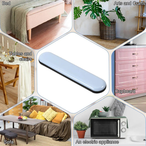 8 Pack Self Stick Furniture Sliders For Carpet Easy Moving Pads For Chairs Tables Desks Sofas Couches 75x15mm Floor Protectors With Adhesive Backing, shown with various furniture applications.