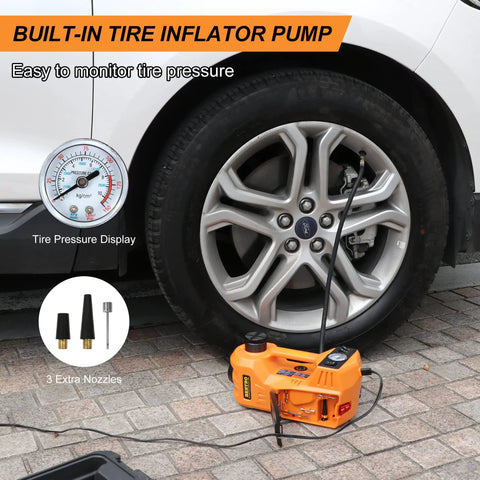 5 Ton 12V Electric Car Jack Kit With Portable Wrench And Tire Inflator Pump, LED Work Light And Warning Light, 4 In 1 Emergency Tire Change For SUV MPV Sedan, garage repair tire inflator and pressure gauge next to car tire.