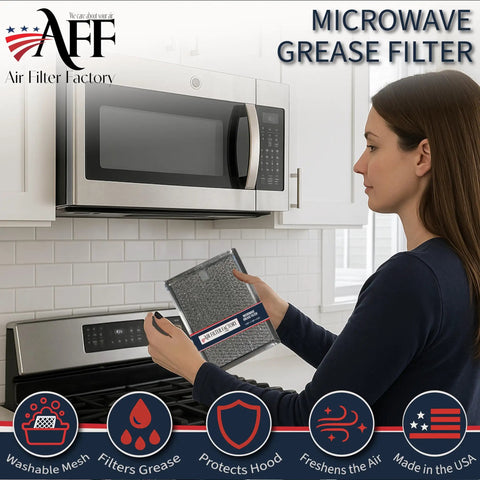 Person installing Aluminum Grease Filter Replacement For GE Microwave Ovens 6.81 x 6.34 Inches 2 Pack