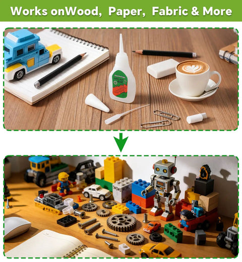 Hella Fast Drying Super Glue For Plastic Repair And Model Fixing With Killer Instant Bond For Abs Pvc Pla 3D Miniatures Precision Tip No Mess Formula Two Pack Bundle on a workspace with LEGO and tools.