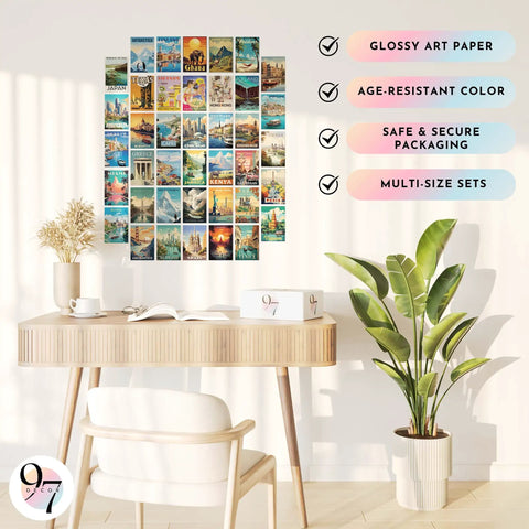 Vintage Travel Poster Pack Of 40 World Wall Art Prints For Home Decor Classroom Dorm Bedroom 4x6 Inch Retro Geography Destination Collage on office wall