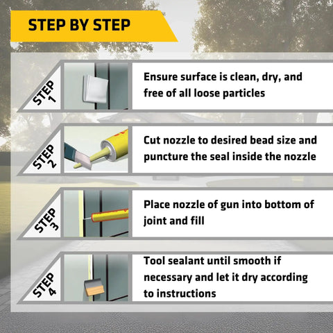 Step-by-step instructions for using Pro Grade One Component Polyurethane Sealant Kit For Concrete And Masonry.
