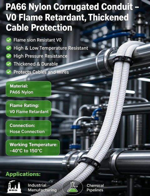 Heavy Duty PA66 Nylon Corrugated Conduit With Flame Resistant Sheathing For Zero Hassle Cable Routing And Bulletproof Wire Protection Across All Applications, showcasing hose connection in a steel framework.