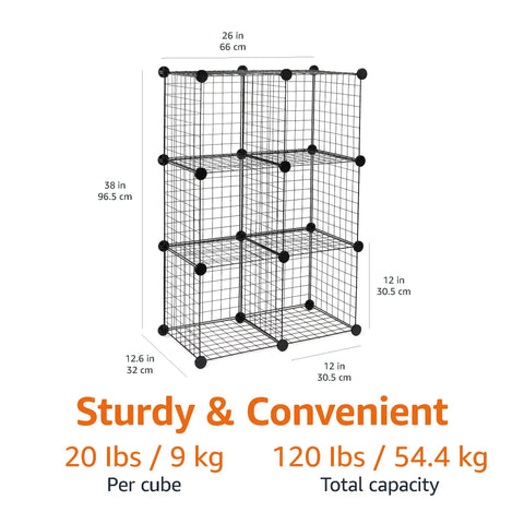 Six Cube Wire Grid Shelf With Stackable Metal Storage Rack And Modular Black Steel Organizer Featuring No Sweat Assembly And Rock Solid Powder Coated Panels dimensions illustration.