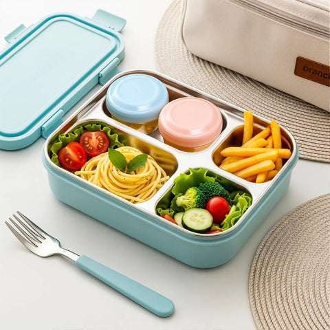Bento lunch box with Eight Pack 2 Oz Salad Dressing Containers To Go With Lids for sauces, surrounded by various snacks and a fork