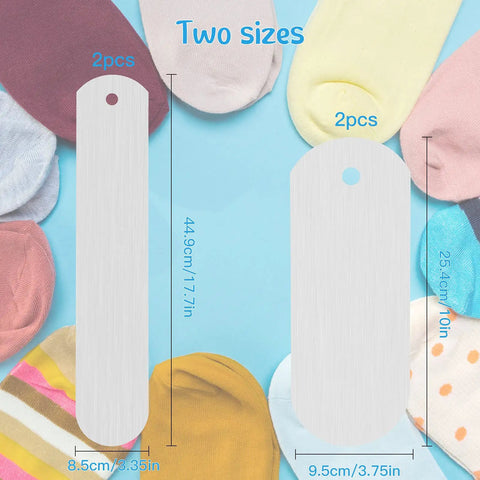 Two sizes of 4 Piece Metal Sock Jig Set For Sublimation Dope Gear, showing straight crew molds for DIY dye printing on blue background