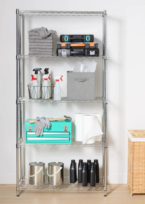 Heavy Duty Five Shelf Wire Storage Rack With Chrome Steel Finish, Adjustable Space Saving Shelving Organizer For Garage Or Kitchen, Rock Solid Zero Stress Setup, 350 Lbs Per Shelf Capacity, shelf with tools and supplies.