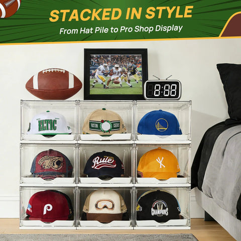 Stackable Hat Organizer Rack With Smooth Sliding Tray Keep Your Favorite Baseball Caps And Beanies Legit Tidy In This No Sweat 2 Pack For Cabinet Shelves displaying caps in clear bins.