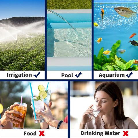 Image displaying various water uses: irrigation, pool, and aquarium with check marks; food and drinking water with X marks.