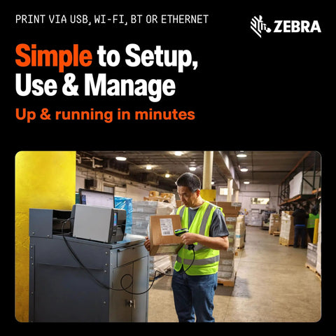 Man using Rugged Compact Thermal Industrial Printer With 4 Inch Width 203 DPI Resolution Zero Ink Hassle Setup in warehouse.