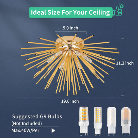 Six-Light Gold Firework Flush Mount Ceiling Light Fixture With G9 Socket, modern sputnik chandelier dimensions shown