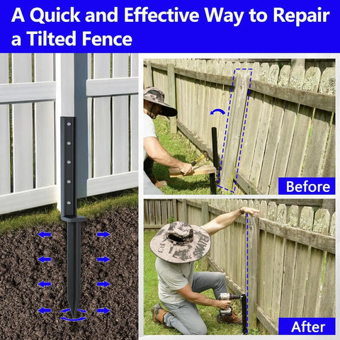 Before and after images showing Heavy Duty Fence Post Repair Kit With Solid Steel Anchor Straighten Leaning 4x4 Wood Posts.