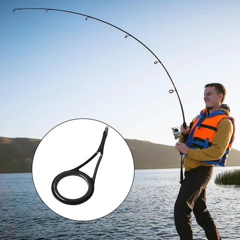 Complete Fishing Rod Eyelet Repair Kit for Spinning Rods displayed with stainless steel guide against lake backdrop