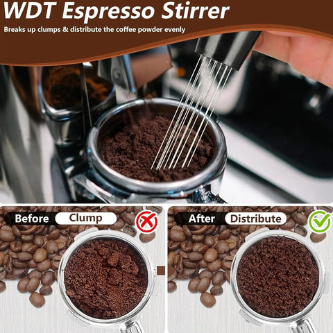 WDT Espresso Stirrer breaking up clumps in coffee grounds for smooth brewing in 51mm espresso filter cups.